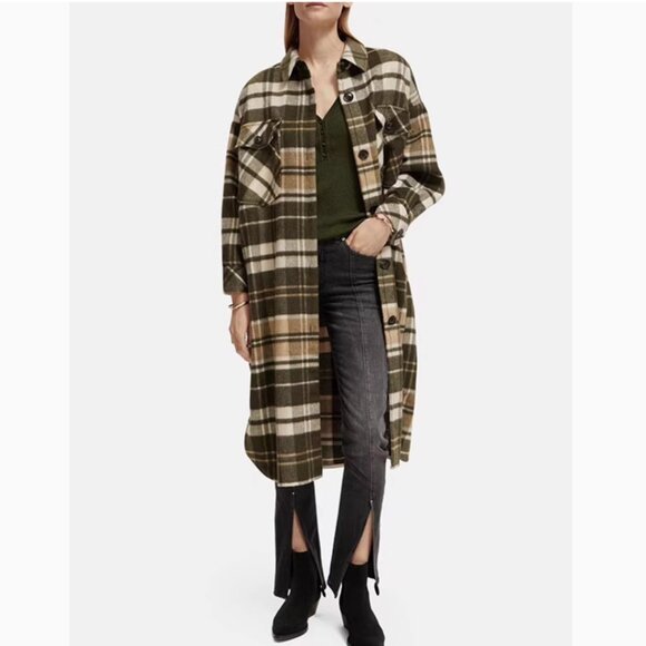 NWT Scotch & Soda Wool Blend Check Long Shirt Jacket S/M Field Green